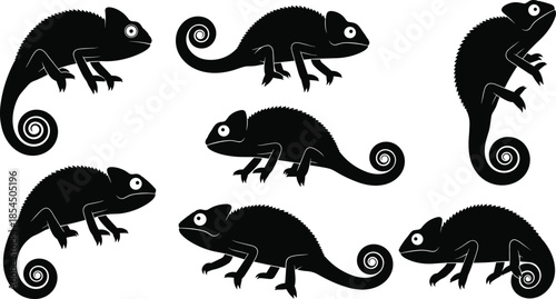 Chameleon silhouette vector set, lizard reptile in various poses with curled tails, exotic animal icons isolated on white background, nature wildlife illustration,