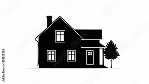 Black silhouette of a two story house with a chimney and a tree.