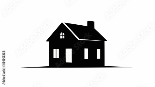 Black silhouette of a simple house with a chimney and windows.