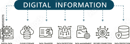InfoFlow Gray Line Digital Data and Security Infographic Icons (7+ Vector Information Symbols)
