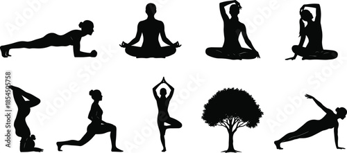 Collection of female yoga silhouettes practicing mindfulness and meditation poses, woman doing plank, tree pose and stretching, wellness health vector illustration, exercise icons