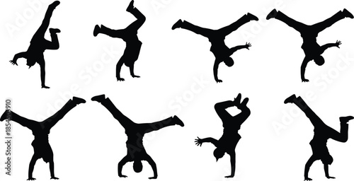 Collection of male break dancer silhouettes performing handstands and urban acrobatics, hip hop dancer set, parkour athlete extreme sports vector illustration, street dance icons