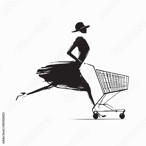 Woman Running With Shopping Cart Vector Art on white background