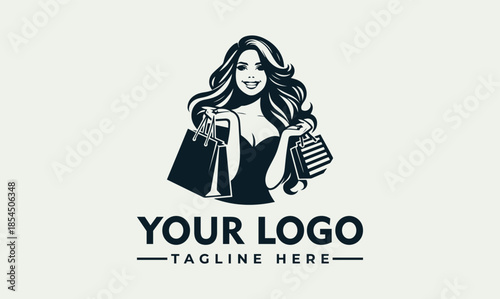 Elegant woman holding shopping bags vector logo design, perfect for retail and fashion brands