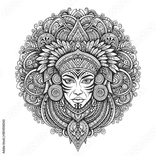 Intricately Designed Tribal Mask with Feathered Headdress.