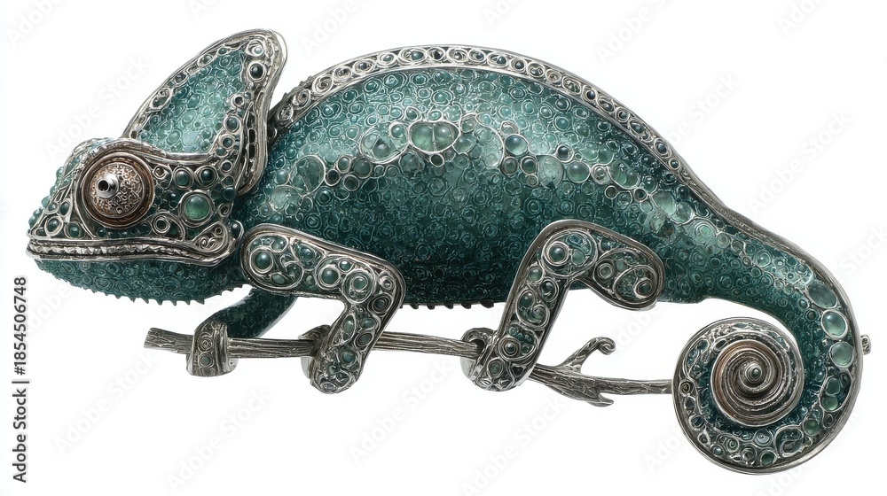 Obraz premium Detailed Teal Chameleon Brooch with Intricate Design on White Background