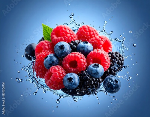 Mixed berries bursting from water, dynamic composition, blue background