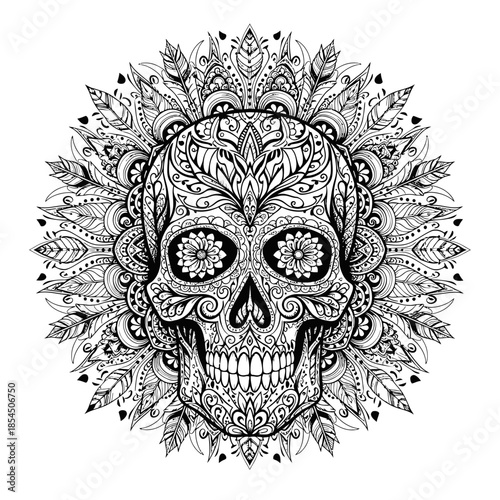 Ornate Sugar Skull with Floral Patterns.