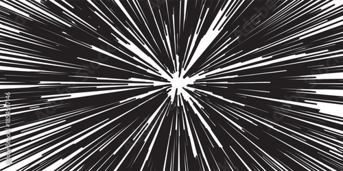 Background of radial lines for comic books. Manga speed frame, superhero action, explosion background. Black and white vector illustration