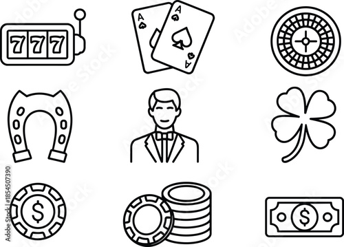 Gambling casino icon set with slot machine cards roulette chips money symbols, luck fortune concept, cad drawing flat vector illustration