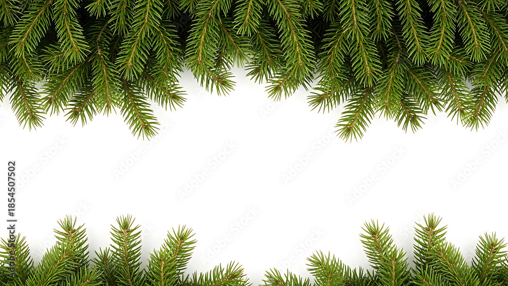 Obraz premium evergreen pine tree branches border isolated on white background