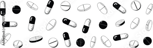Medical pills capsules tablets seamless pattern, pharmaceutical medicine background illustration, healthcare treatment concept, cad drawing flat vector illustration design style