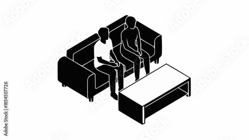 Two people sitting on a couch next to a coffee table.