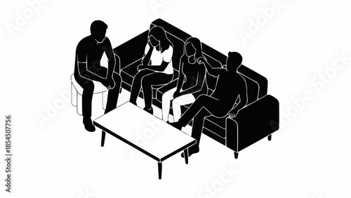 Group of people sitting on a sofa in a living room discussing ideas.