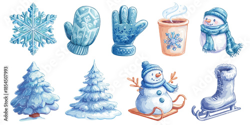 A collection of charming winter-themed illustrations featuring snowflakes, mittens, gloves, a steaming mug, a scarf, pine trees, a snowman, and ice skates.