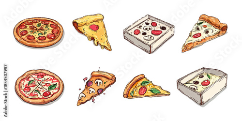 An assortment of various pizza styles, including whole pizzas and slices, showcasing different toppings and packaging.