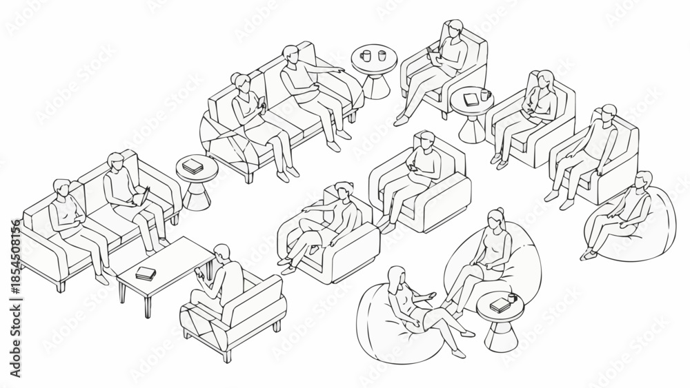 Obraz premium Isometric Group of People Sitting and Relaxing in Various Furniture.