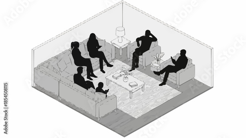 Silhouettes of people in a group therapy session or meeting.