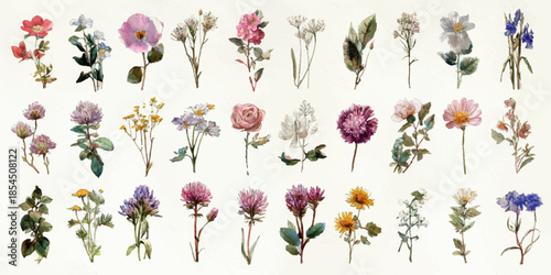 A meticulously arranged collection of dried flowers, showcasing a variety of species and colors.