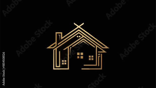 Elegant golden house logo design with abstract lines creating a unique home symbol.