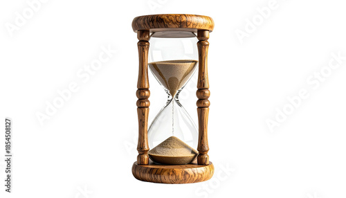 Wooden hourglass showing sand slowly emptying, black background