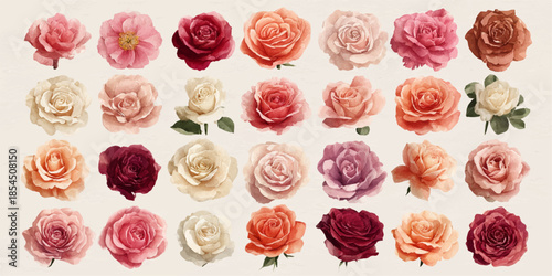 A collection of intricately crafted paper roses in various colors and styles, arranged neatly in a grid. 