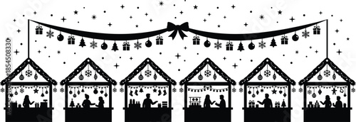 Christmas market stalls silhouette panorama with garland, stars and decorations, festive winter holiday fair scene, cad drawing flat vector illustration