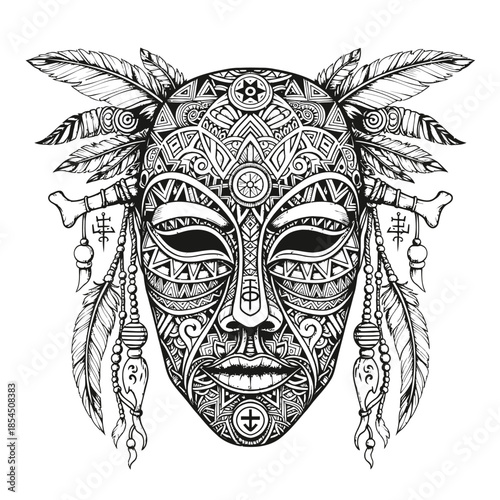 Intricately Designed Native American Mask Illustration.