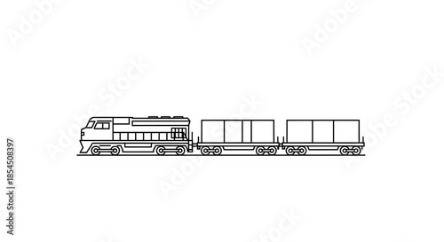 Line Art Illustration of a Freight Train with Cargo Cars.