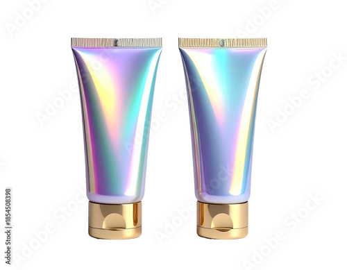 Two iridescent tubes of lotion with gold caps on black background