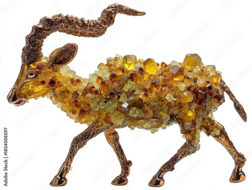 Naklejka premium Intricate Amber Sculpture of an Antelope with Detailed Horns and Textured Body on White Background