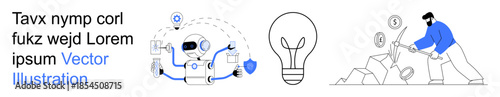 Artificial intelligence, innovation, technology, cryptocurrency, robotics, blockchain. Robot handling data, a lightbulb a man mining cryptocurrency. Artificial intelligence and innovation