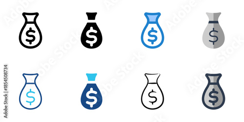 Money bag icons set multiple style collection. Editable stroke
