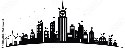 Eco friendly city skyline silhouette with renewable energy, green buildings and recycling symbol, sustainable urban environment concept, cad drawing flat vector illustration