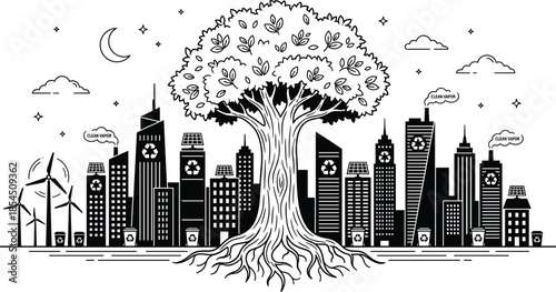 Eco friendly city skyline with growing tree, renewable energy and recycling symbols, sustainable urban nature concept, environmental illustration, cad drawing flat vector illustration