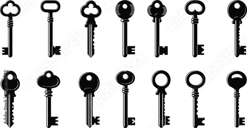 Black vintage key silhouette icon set showing classic security access symbols for lock safety branding and graphic design