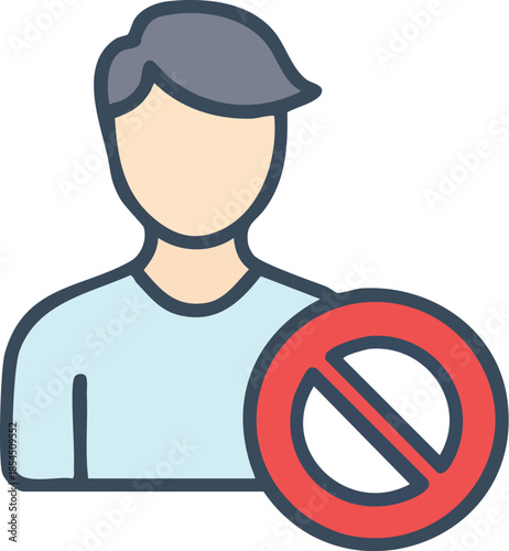 A minimalist vector icon illustrating a person's profile with a prominent red prohibition sign, symbolizing user restriction, access denial, or account blocking for digital platforms and security
