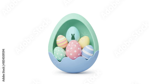 Charming pastel Easter eggs nestled within a decorative, two-toned eggshell holder, perfect for celebrating spring holidays with a touch of modern whimsy
