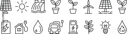 Renewable energy line icons collection with solar wind hydro eco power flat vector illustration for sustainable technology concepts