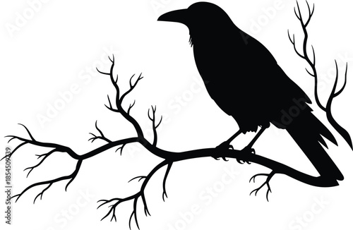 Black crow silhouette on bare tree branch, dark gothic nature art, cad drawing flat vector illustration design