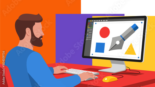 A bearded designer sits at a red desk crafting vector art, using the pen tool to manipulate colorful geometric shapes on a monitor set against a vibrant, abstract background