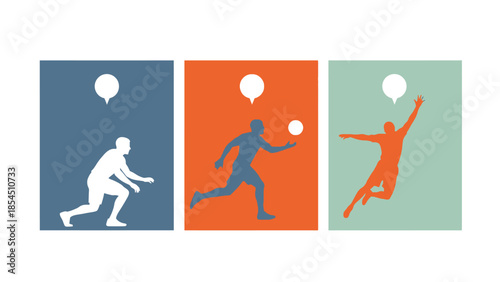 Athlete silhouettes illustrating dynamic movements in sports including preparation, passing, and spiking