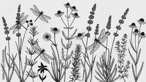 Black and White Wildflowers with Dragonfly.