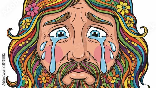 Crying Man with Colorful Hair Illustration.