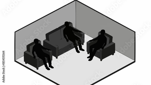 Three silhouetted figures sitting on furniture in a room.