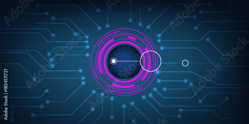 Vector illustration. Futuristic abstract eye on a circuit board, advanced computer technology.