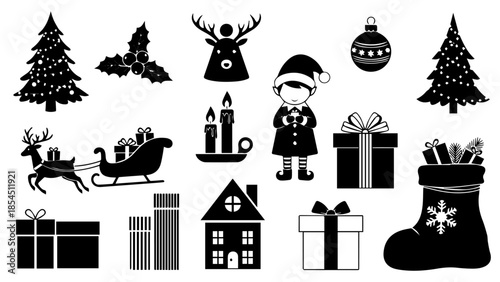 Festive Silhouette Collection: A charming compilation of Christmas icons, capturing the essence of the holiday season through elegant black silhouettes.