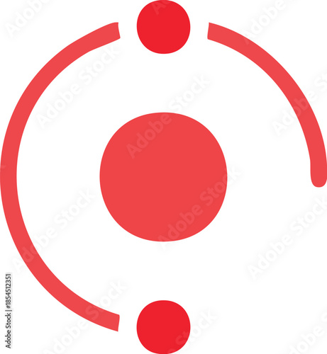 Abstract red atom symbol representing scientific principles and technological innovation, a modern graphic icon for chemistry, physics, and digital concepts
