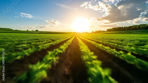 A vibrant agricultural landscape bathed in warm sunlight, with rows of crops stretching towards the horizon.