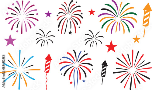 Colorful Fireworks and Rocket Icons Celebration Vector Set.